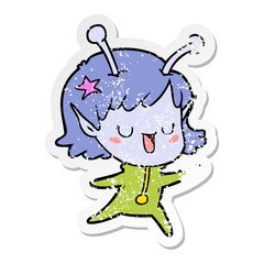 distressed sticker of a happy alien girl cartoon