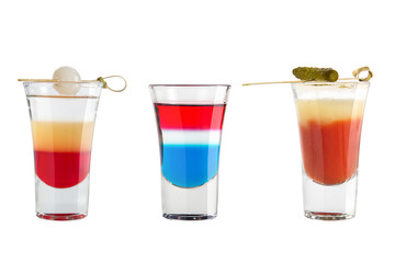 Popular alcohol shots on a white background. Three popular shots.