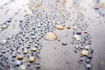 traces of oil products with overflow of different color on water drops on a dark surface