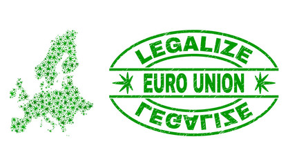 Vector cannabis Euro Union map collage and grunge textured Legalize stamp seal. Concept with green weed leaves. Concept for cannabis legalize campaign.