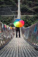 The crazy long suspension bridge built over pho chhu river in Punakha