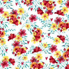 Watercolor background (pattern) with tropical bouquets. Hand drawn illustration.
