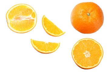 orange with slices isolated on white background. healthy food. top view