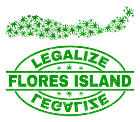 Vector cannabis Flores Island of Indonesia map collage and grunge textured Legalize stamp seal. Concept with green weed leaves. Concept for cannabis legalize campaign.