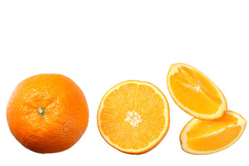 orange with slices isolated on white background. healthy food. top view