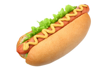 Hot dog grill with lettuce and mustard isolated on white background. fast food.