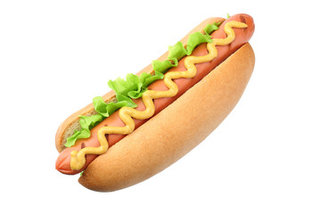 Hot dog grill with lettuce and mustard isolated on white background. fast food.