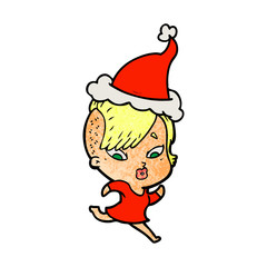 textured cartoon of a surprised girl wearing santa hat