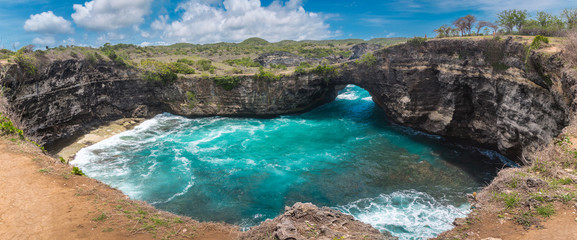 The panoramic beauty of broken beach with big waves at Nusa Penida, Indonesia