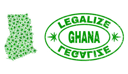Vector cannabis Ghana map mosaic and grunge textured Legalize stamp seal. Concept with green weed leaves. Template for cannabis legalize campaign. Vector Ghana map is designed with cannabis leaves.
