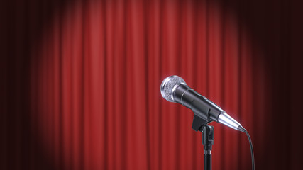 Microphone and Red Curtains Background, 3d Render