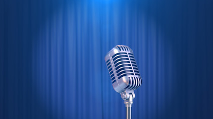 Retro Microphone and a Blue Curtain Background, 3d Render