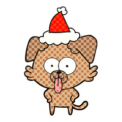 comic book style illustration of a dog with tongue sticking out wearing santa hat