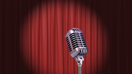 Red Curtain with Spotlight and Vintage Microphone, 3d Render - 253240343