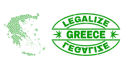 Vector cannabis Greece map collage and grunge textured Legalize stamp seal. Concept with green weed leaves. Concept for cannabis legalize campaign. Vector Greece map is organized with cannabis leaves.