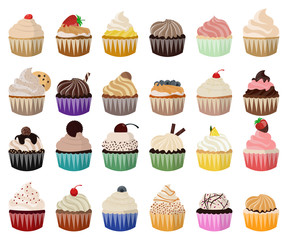 Cupcake vector set. Icon in flat style. Sweet and cute cupcake illustrations for decoration and filling. 24 different cupcake varieties on white background.