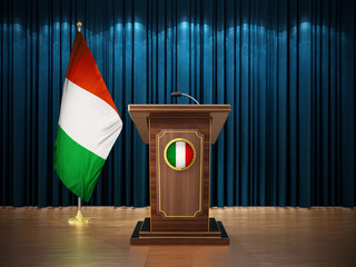 Press conference with flags of Italy and lectern against the blue curtain. 3D illustration
