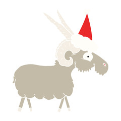 flat color illustration of a goat wearing santa hat