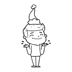 happy line drawing of a man shrugging wearing santa hat