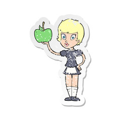 retro distressed sticker of a cartoon waitress with healthy food