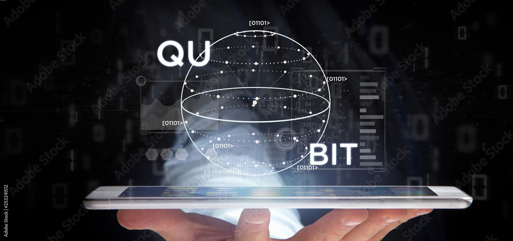 Poster businessman holding quantum computing concept with qubit icon 3d rendering