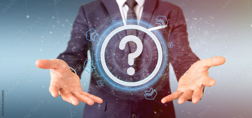 Poster man holding a technology question mark icon on a circle 3d rendering