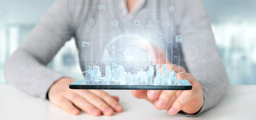 Businessman holding Smart city user interface with icon, stats and data 3d rendering