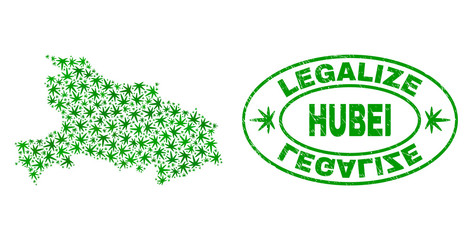 Vector cannabis Hubei Province map collage and grunge textured Legalize stamp seal. Concept with green weed leaves. Concept for cannabis legalize campaign.