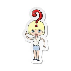 retro distressed sticker of a cartoon woman asking question