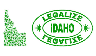 Vector cannabis Idaho State map collage and grunge textured Legalize stamp seal. Concept with green weed leaves. Concept for cannabis legalize campaign.