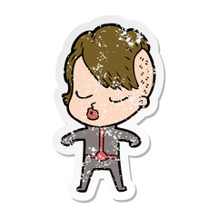 distressed sticker of a cartoon pretty hipster girl