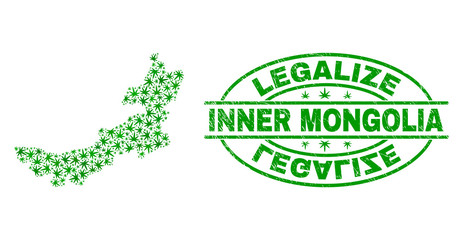 Vector cannabis Inner Mongolia map collage and grunge textured Legalize stamp seal. Concept with green weed leaves. Template for cannabis legalize campaign.