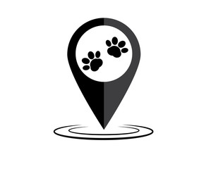 paw and location mark, pet shop sign on white