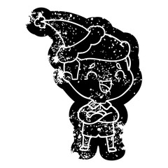 cartoon distressed icon of a laughing man wearing santa hat