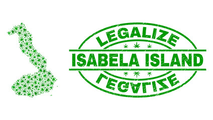 Vector cannabis Isabela Island of Galapagos map collage and grunge textured Legalize stamp seal. Concept with green weed leaves. Template for cannabis legalize campaign.