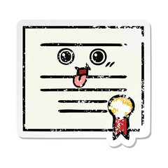 distressed sticker of a cute cartoon graduation diploma