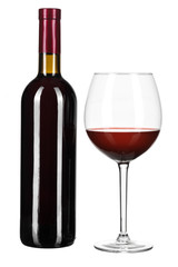 glass and bottle of wine isolated on a white background