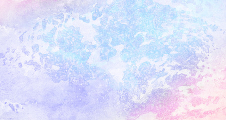 Frost textured pastel light blue, purple and pink shades watercolor background. Grunge aquarelle paint paper canvas for design, vintage card, template. Multicolor gradient handmade illustration