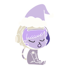 flat color illustration of a pretty astronaut girl sitting waiting wearing santa hat