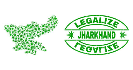 Vector cannabis Jharkhand State map collage and grunge textured Legalize stamp seal. Concept with green weed leaves. Concept for cannabis legalize campaign.