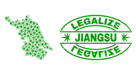 Vector cannabis Jiangsu Province map mosaic and grunge textured Legalize stamp seal. Concept with green weed leaves. Concept for cannabis legalize campaign.