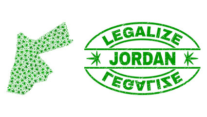 Vector cannabis Jordan map mosaic and grunge textured Legalize stamp seal. Concept with green weed leaves. Concept for cannabis legalize campaign. Vector Jordan map is designed with cannabis leaves.