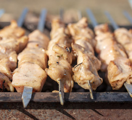 Shish kebab on skewers is fried on a brazier