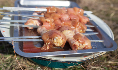 Meat on skewers for frying on the grill