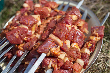 Meat on skewers for frying on the grill