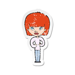 retro distressed sticker of a cartoon woman gesturing at herself