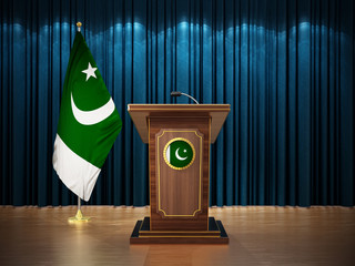 Press conference with flags of Pakistan and lectern against the blue curtain. 3D illustration