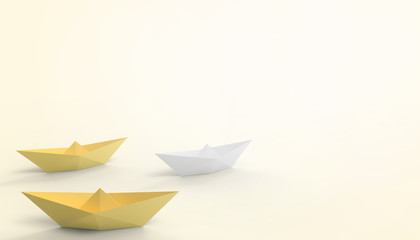 Folding boats and business leaders ideas on Yellow Background - 3d rendering  Minimal Art - paper cut style