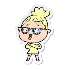 Fototapeta premium distressed sticker of a cartoon happy woman wearing spectacles