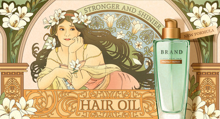 Mucha style Hair oil product - obrazy, fototapety, plakaty